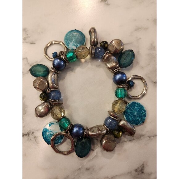 Vintage Beaded Stretch Bracelet With Silver-Tone Accents & Blue/Green Beads - Picture 1 of 2